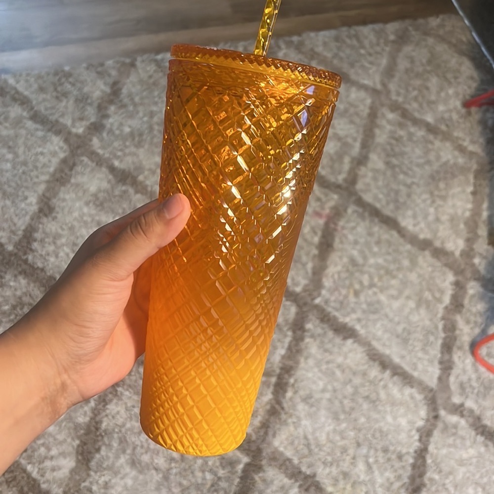 New Starbucks Summer 2022 Mango Matte Ombre Venti Jeweled Grid Tumbler Cold Cup